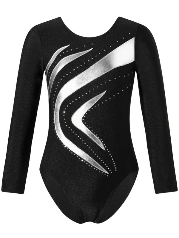 Kids Girls Long Sleeve Shiny Rhinestone Slim Fit Skating Dance Leotard thumb