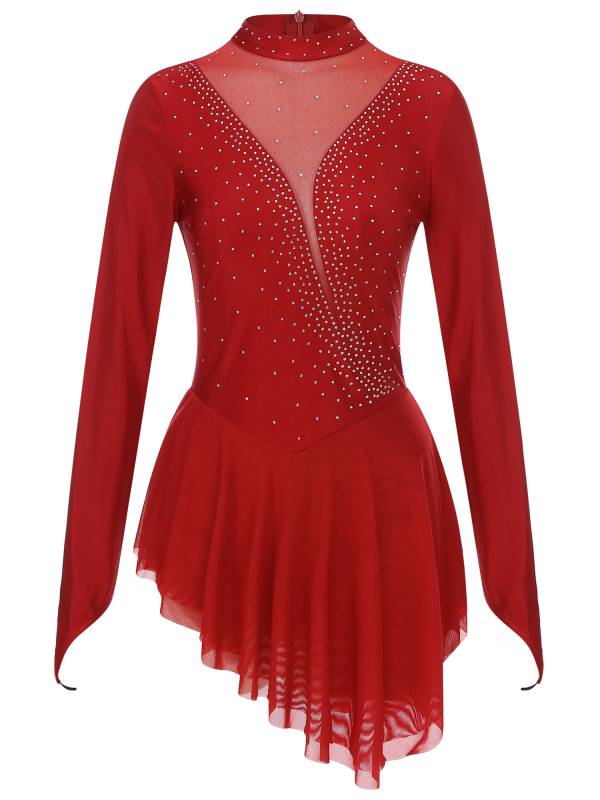 Women Glittery Rhinestone Long Sleeve Ice Skating Dresses thumb