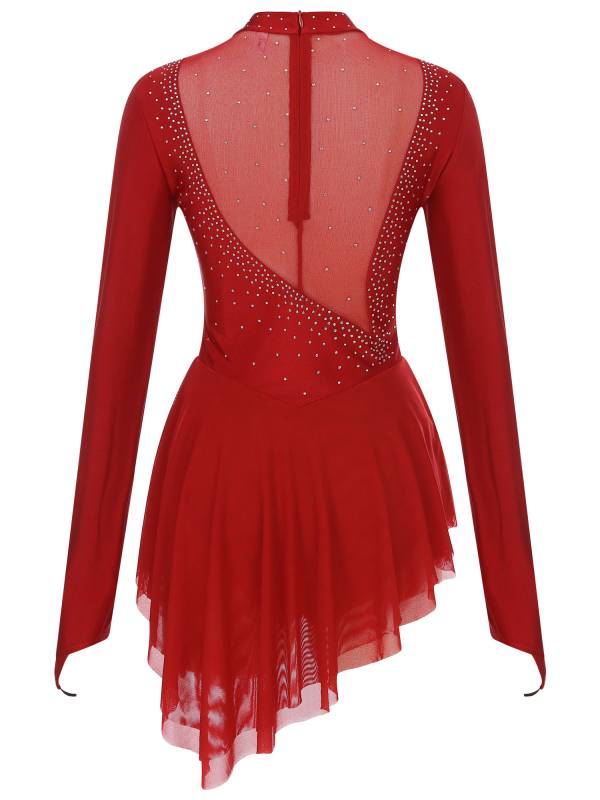 Women Glittery Rhinestone Long Sleeve Ice Skating Dresses thumb