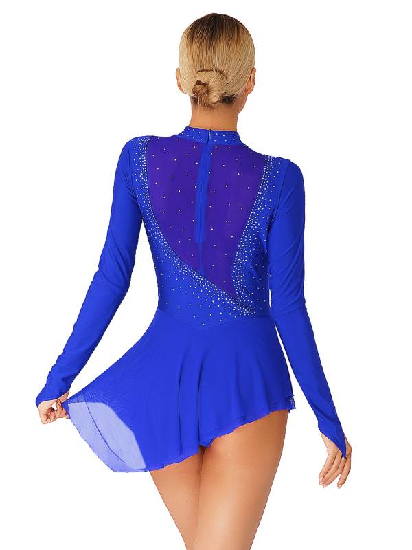 Women Glittery Rhinestone Long Sleeve Ice Skating Dresses thumb