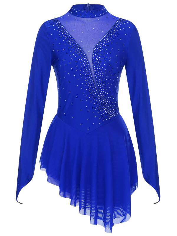 Women Glittery Rhinestone Long Sleeve Ice Skating Dresses thumb