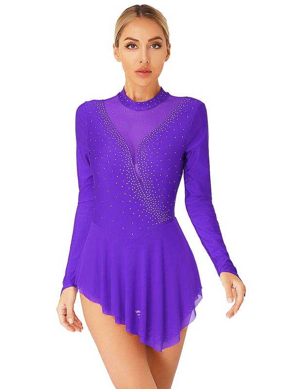 Women Glittery Rhinestone Long Sleeve Ice Skating Dresses thumb