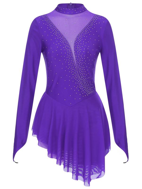 Women Glittery Rhinestone Long Sleeve Ice Skating Dresses thumb