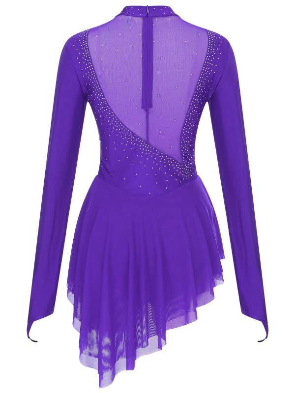 Women Glittery Rhinestone Long Sleeve Ice Skating Dresses thumb