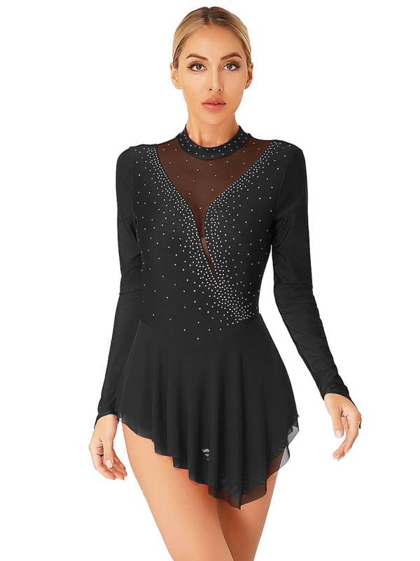 Women Glittery Rhinestone Long Sleeve Ice Skating Dresses thumb
