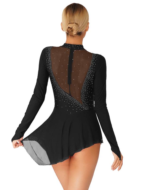 Women Glittery Rhinestone Long Sleeve Ice Skating Dresses thumb
