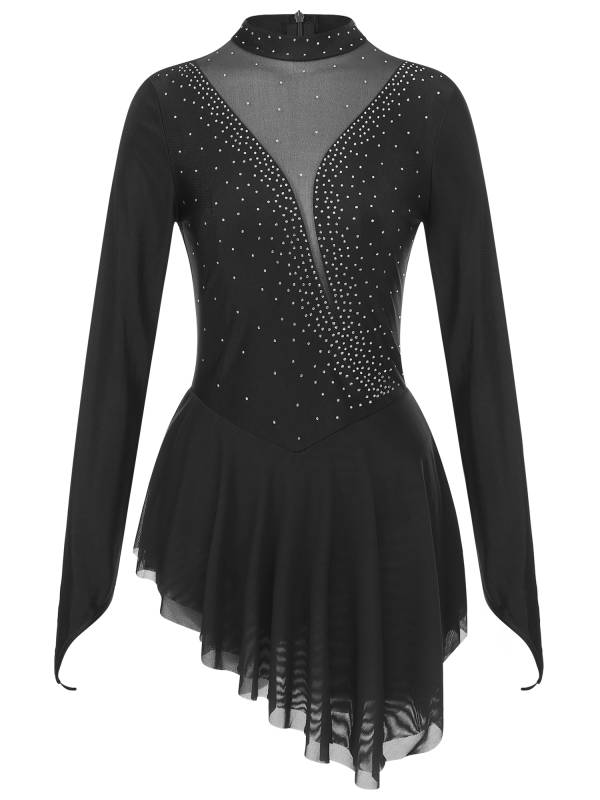 Women Glittery Rhinestone Long Sleeve Ice Skating Dresses thumb