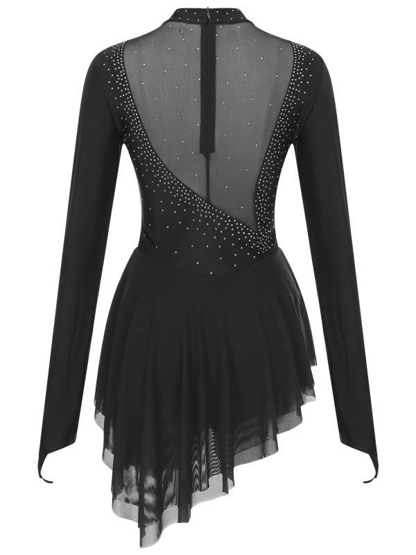 Women Glittery Rhinestone Long Sleeve Ice Skating Dresses thumb