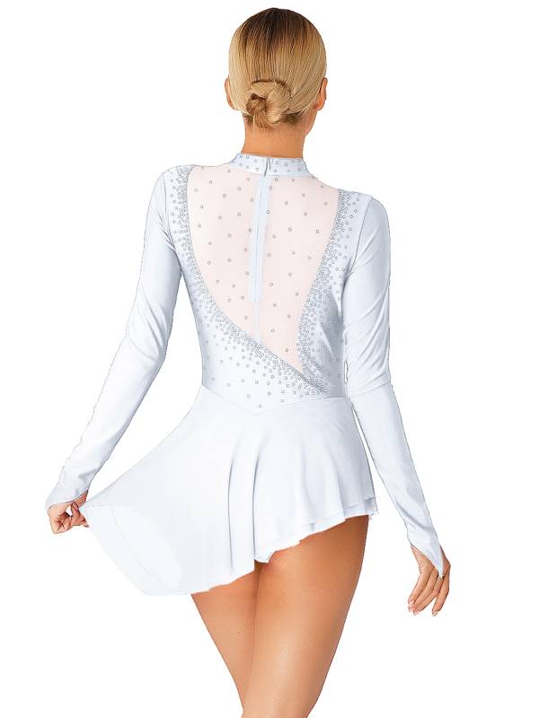Women Glittery Rhinestone Long Sleeve Ice Skating Dresses thumb