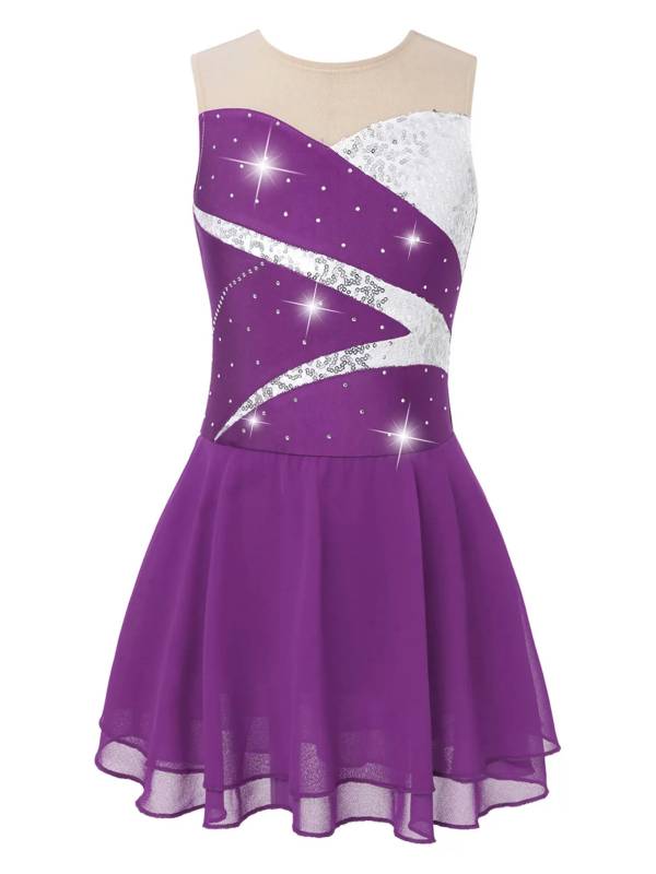 Kids Girls Sleeveless Sequined Rhinestone Skating Dance Dress thumb