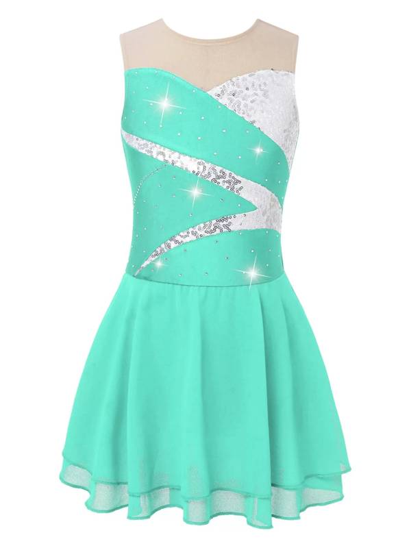 Kids Girls Sleeveless Sequined Rhinestone Skating Dance Dress thumb