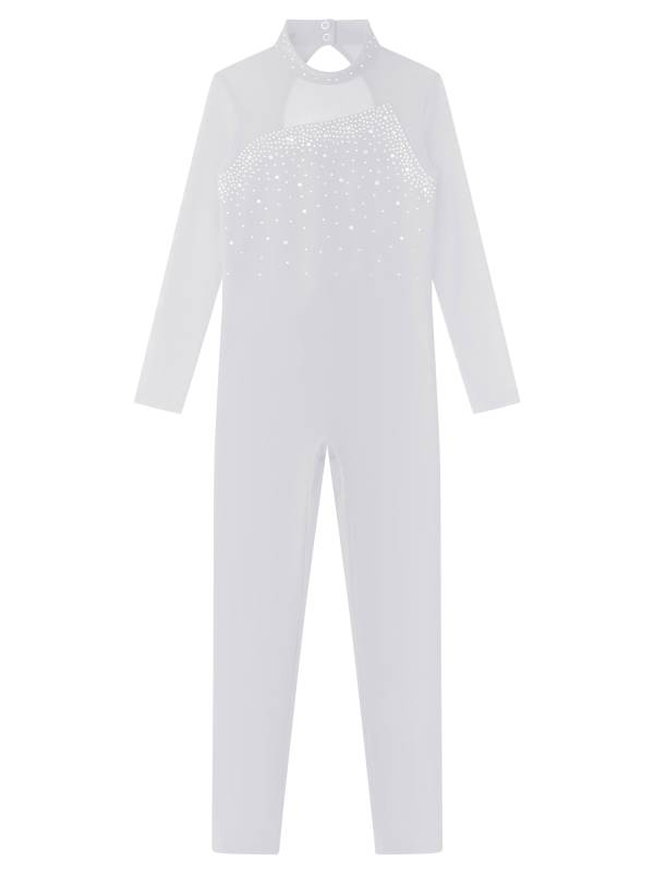 Kids Girls Rhinestone Long Sleeve Jumpsuit Hollow Back Skating Unitard thumb