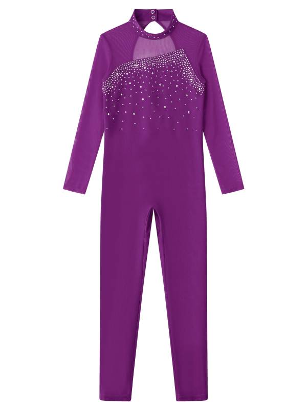 Kids Girls Rhinestone Long Sleeve Jumpsuit Hollow Back Skating Unitard thumb