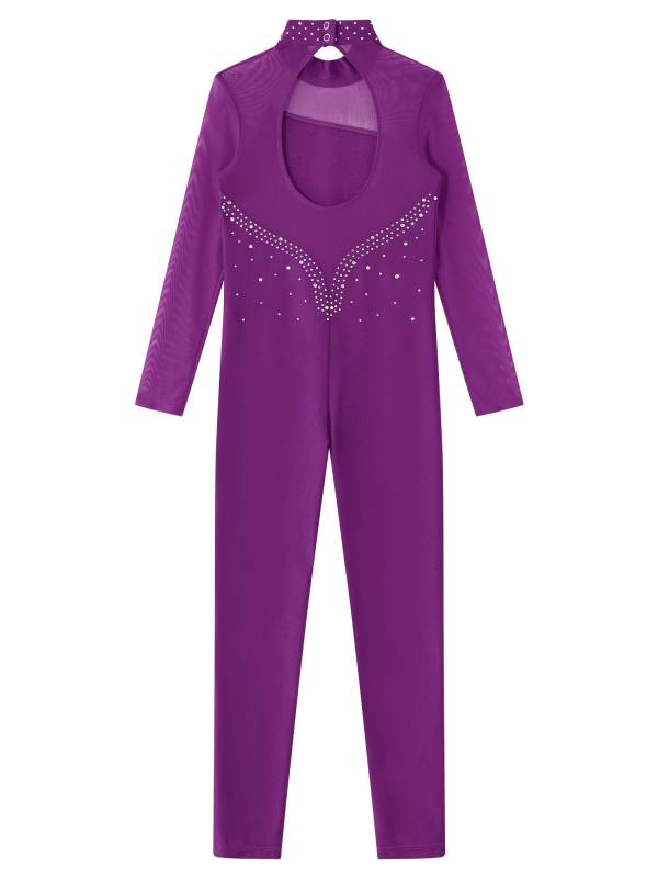 Kids Girls Rhinestone Long Sleeve Jumpsuit Hollow Back Skating Unitard thumb