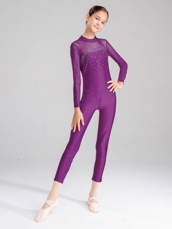 Kids Girls Rhinestone Long Sleeve Jumpsuit Hollow Back Skating Unitard thumb