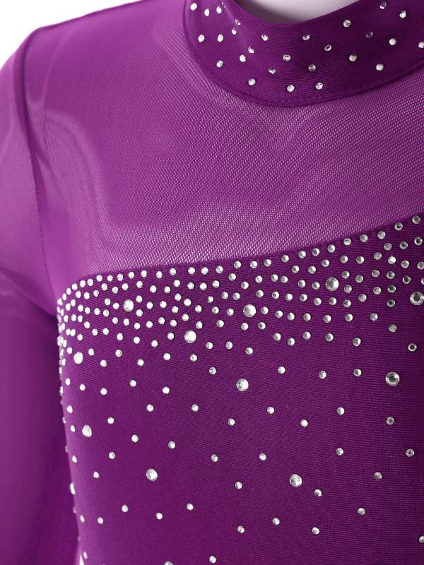 Kids Girls Rhinestone Long Sleeve Jumpsuit Hollow Back Skating Unitard thumb