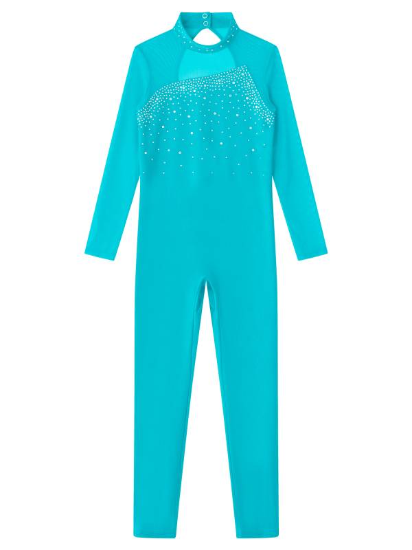 Kids Girls Rhinestone Long Sleeve Jumpsuit Hollow Back Skating Unitard thumb