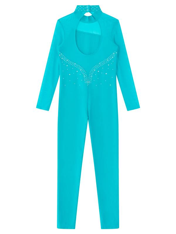 Kids Girls Rhinestone Long Sleeve Jumpsuit Hollow Back Skating Unitard thumb