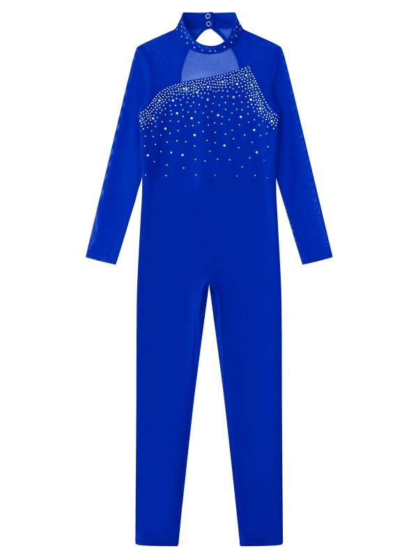 Kids Girls Rhinestone Long Sleeve Jumpsuit Hollow Back Skating Unitard thumb