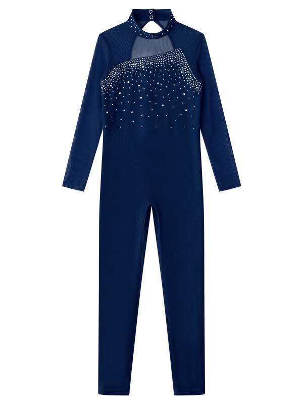 Kids Girls Rhinestone Long Sleeve Jumpsuit Hollow Back Skating Unitard thumb
