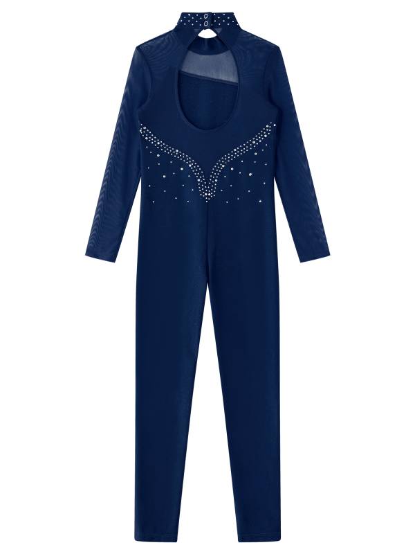 Kids Girls Rhinestone Long Sleeve Jumpsuit Hollow Back Skating Unitard thumb