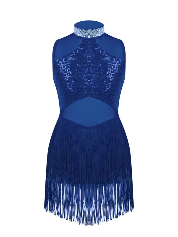 Kids Girls Sequins Mesh Tassel Latin Jazz Dance Leotards thumb