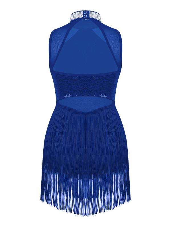 Kids Girls Sequins Mesh Tassel Latin Jazz Dance Leotards thumb