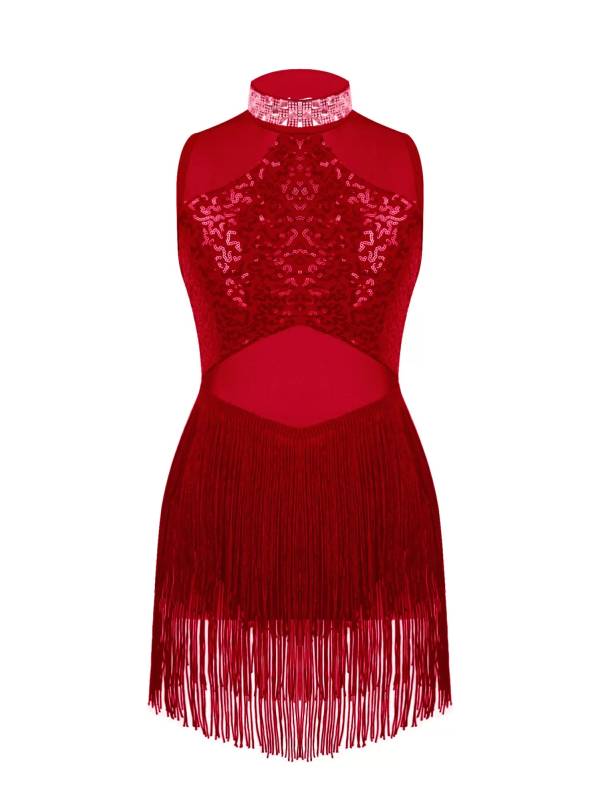 Kids Girls Sequins Mesh Tassel Latin Jazz Dance Leotards thumb