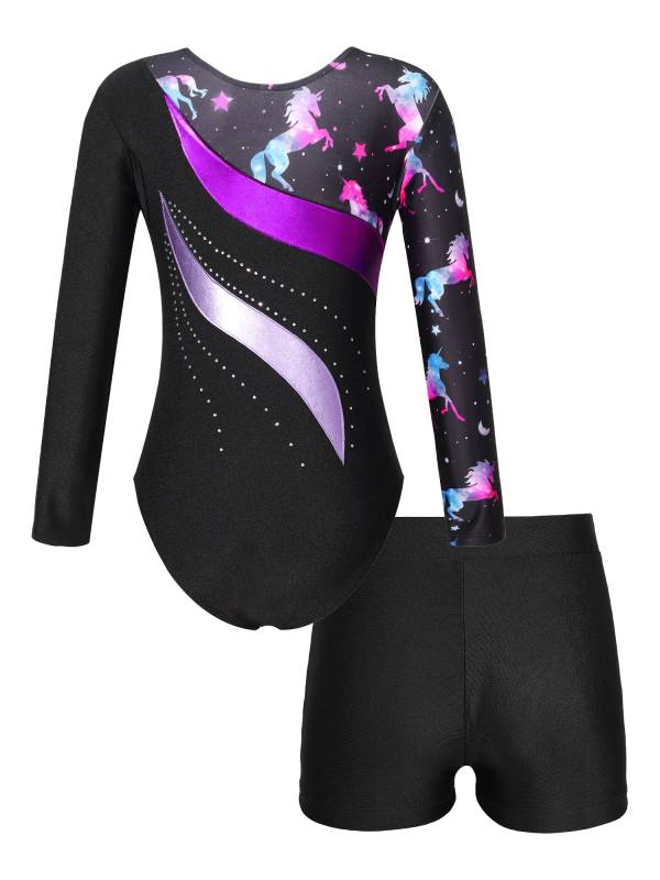 Kids Girls 2pcs Long Sleeve Rhinestones Leotard with Shorts Gymnastics Set thumb
