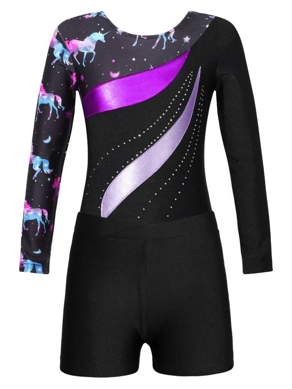 Kids Girls 2pcs Long Sleeve Rhinestones Leotard with Shorts Gymnastics Set thumb