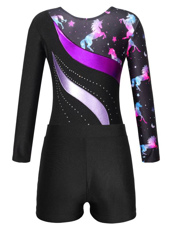 Kids Girls 2pcs Long Sleeve Rhinestones Leotard with Shorts Gymnastics Set thumb
