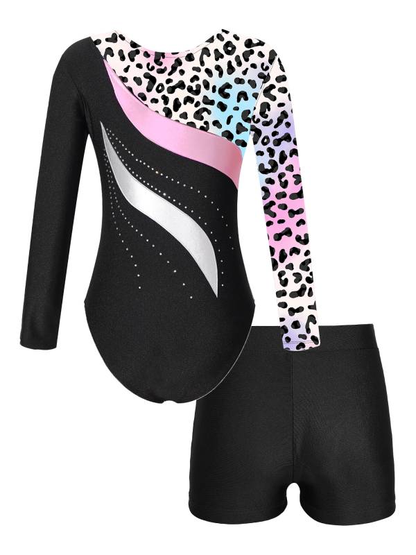 Kids Girls 2pcs Long Sleeve Rhinestones Leotard with Shorts Gymnastics Set thumb