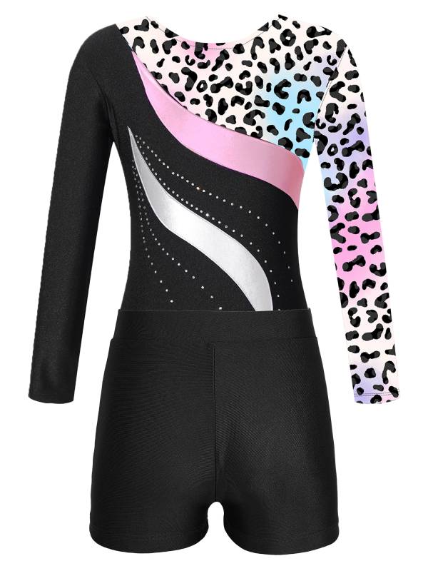 Kids Girls 2pcs Long Sleeve Rhinestones Leotard with Shorts Gymnastics Set thumb