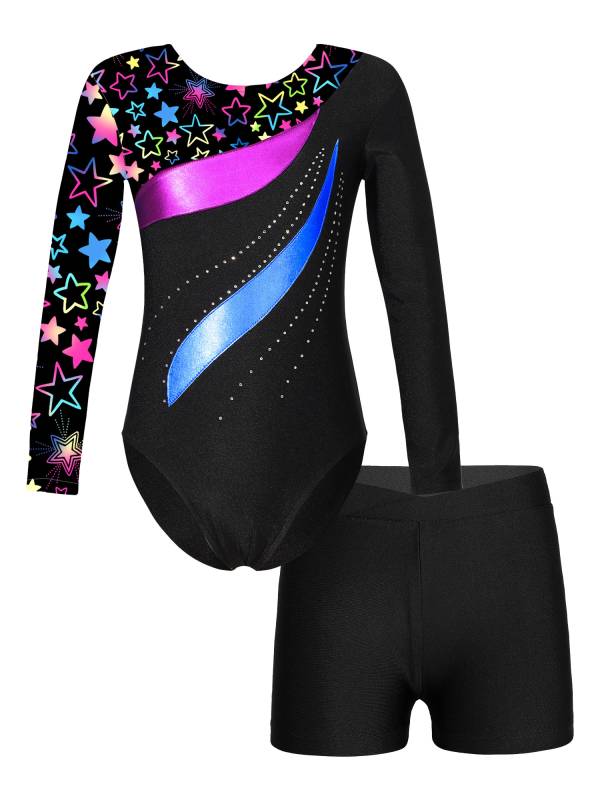 Kids Girls 2pcs Long Sleeve Rhinestones Leotard with Shorts Gymnastics Set thumb