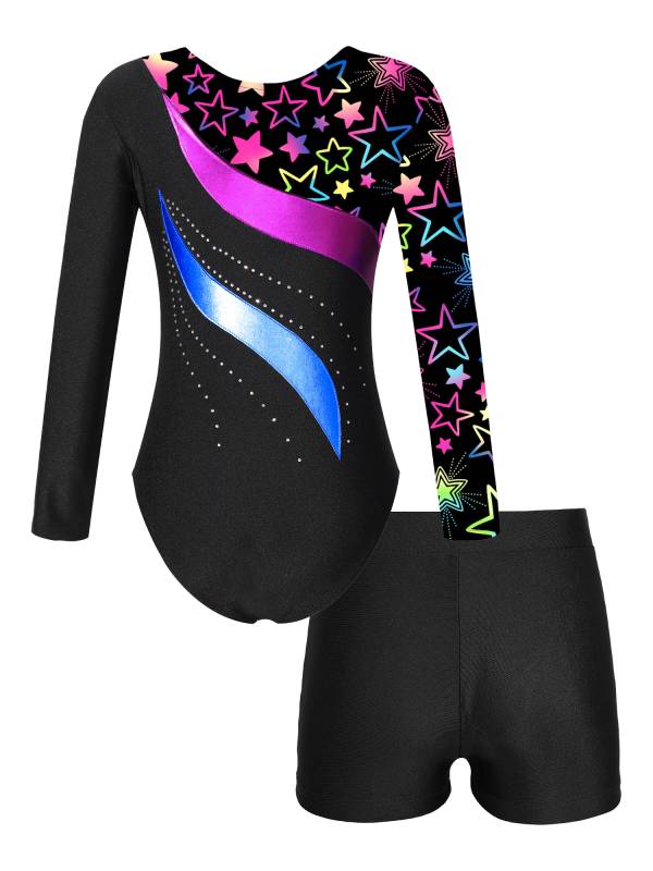 Kids Girls 2pcs Long Sleeve Rhinestones Leotard with Shorts Gymnastics Set thumb