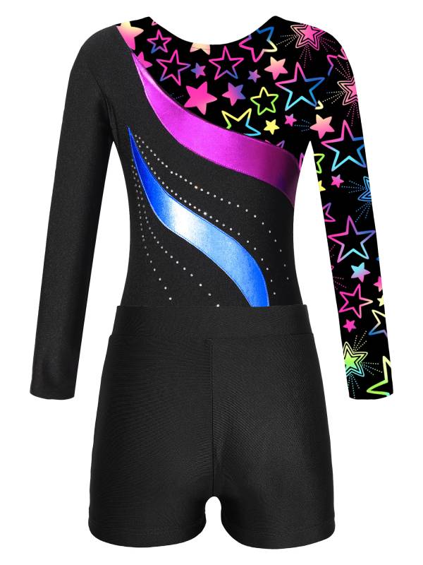 Kids Girls 2pcs Long Sleeve Rhinestones Leotard with Shorts Gymnastics Set thumb