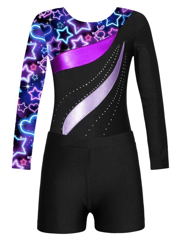 Kids Girls 2pcs Long Sleeve Rhinestones Leotard with Shorts Gymnastics Set thumb