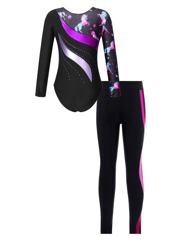 Kids Girls 2pcs Long Sleeve Rhinestones Leotard and Pants Skating Outfits thumb