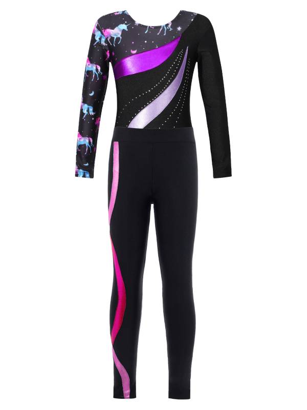 Kids Girls 2pcs Long Sleeve Rhinestones Leotard and Pants Skating Outfits thumb