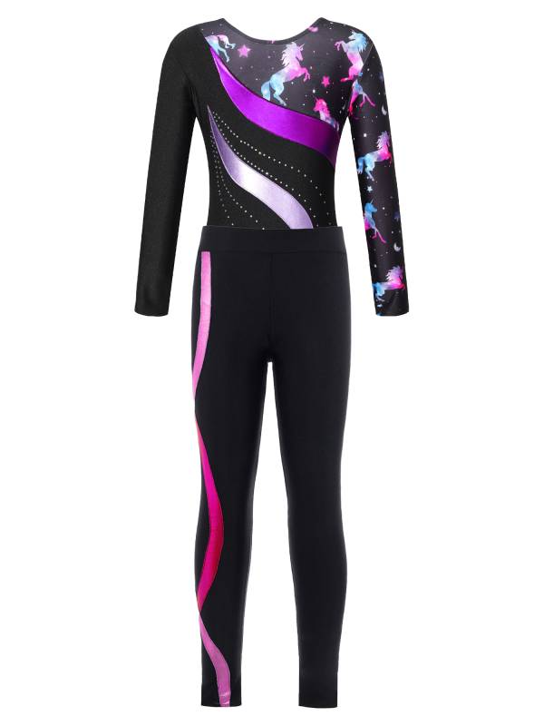 Kids Girls 2pcs Long Sleeve Rhinestones Leotard and Pants Skating Outfits thumb