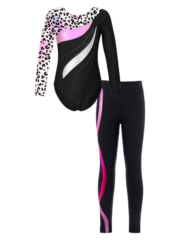 Kids Girls 2pcs Long Sleeve Rhinestones Leotard and Pants Skating Outfits thumb