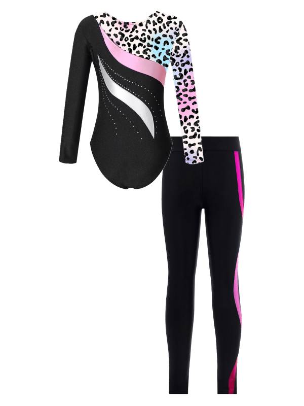 Kids Girls 2pcs Long Sleeve Rhinestones Leotard and Pants Skating Outfits thumb