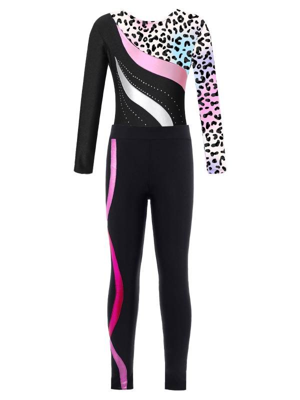 Kids Girls 2pcs Long Sleeve Rhinestones Leotard and Pants Skating Outfits thumb