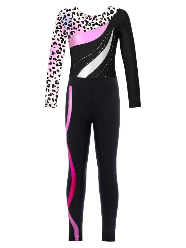 Kids Girls 2pcs Long Sleeve Rhinestones Leotard and Pants Skating Outfits thumb