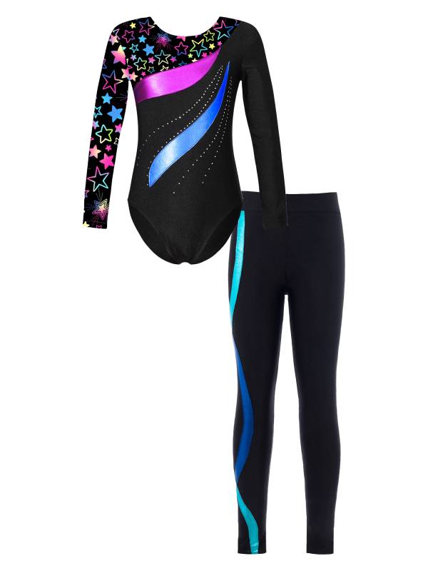 Kids Girls 2pcs Long Sleeve Rhinestones Leotard and Pants Skating Outfits thumb