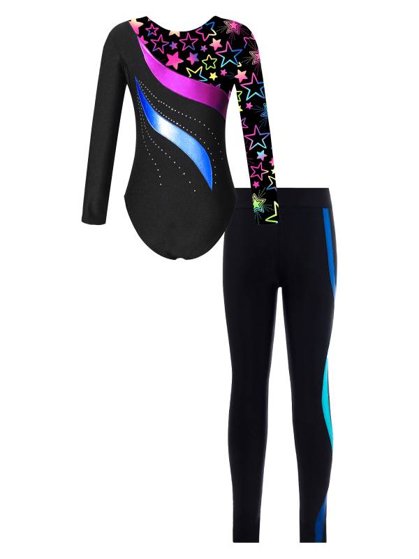 Kids Girls 2pcs Long Sleeve Rhinestones Leotard and Pants Skating Outfits thumb