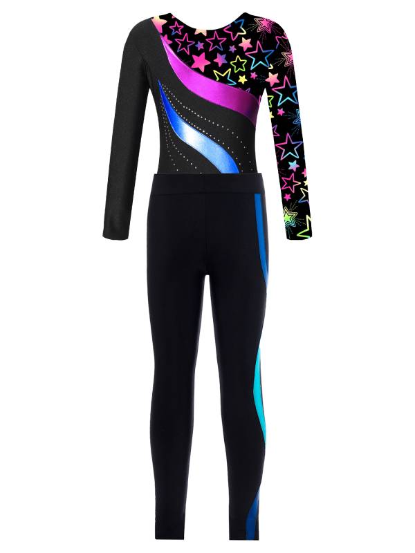 Kids Girls 2pcs Long Sleeve Rhinestones Leotard and Pants Skating Outfits thumb