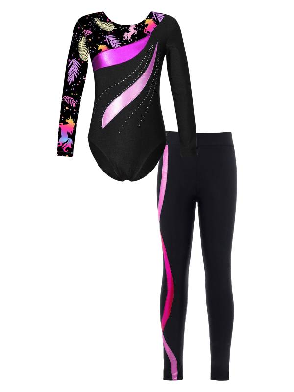Kids Girls 2pcs Long Sleeve Rhinestones Leotard and Pants Skating Outfits thumb