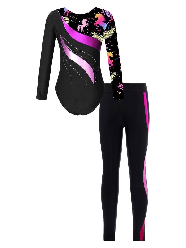 Kids Girls 2pcs Long Sleeve Rhinestones Leotard and Pants Skating Outfits thumb