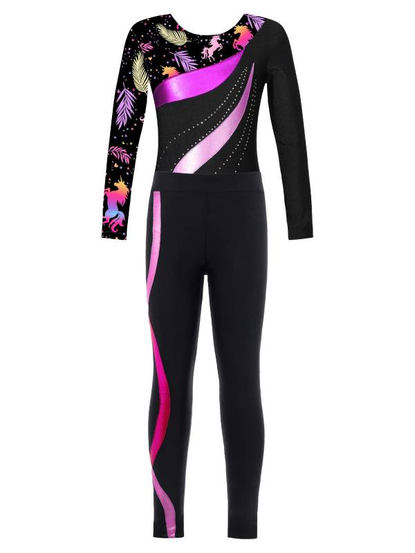 Kids Girls 2pcs Long Sleeve Rhinestones Leotard and Pants Skating Outfits thumb